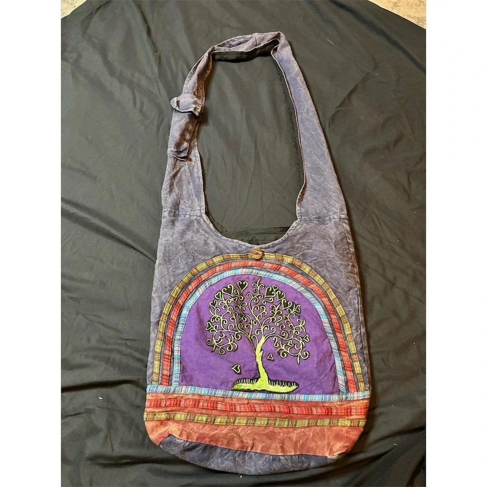 Kathmandu Womens Boho Hippie Crossbody Hobo Bag Blue Gray Patchwork Tree of life